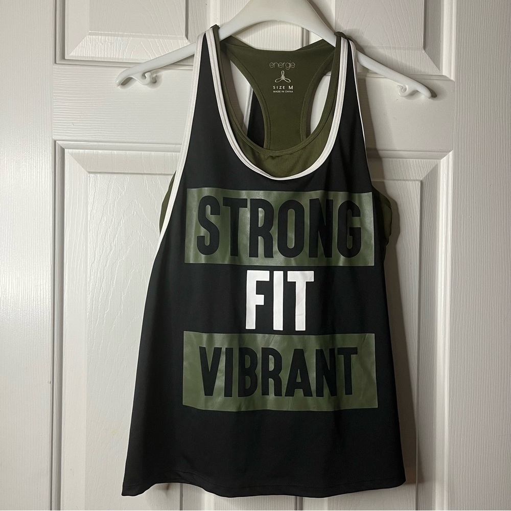 Energie "Strong Fit Vibrant " Racerback Women's Bold Black and Olive Tank Top